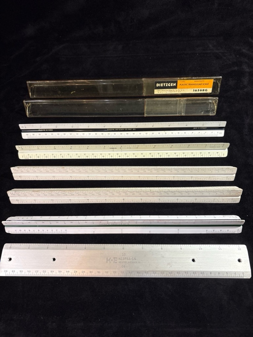Dietzgen K&E VEMCO Tacro Vintage Drafting Scale Rulers (6 Rulers + 2 Cases) VGUC